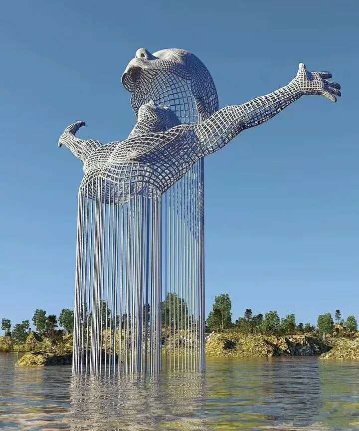 青海不锈钢网格编织抽象人物雕塑与水景景观艺术的融合
